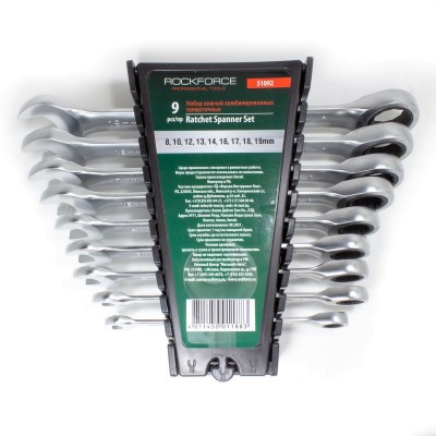 Набор ключей комбинированных трещоточных, 9 предметов (8,10,12,13,14,16,17,18,19мм) в пластиковом держателе ROCKFORCE RF-51092