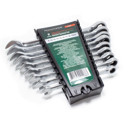 Набор ключей комбинированных трещоточных, 9 предметов (8,10,12,13,14,16,17,18,19мм) в пластиковом держателе ROCKFORCE RF-51092