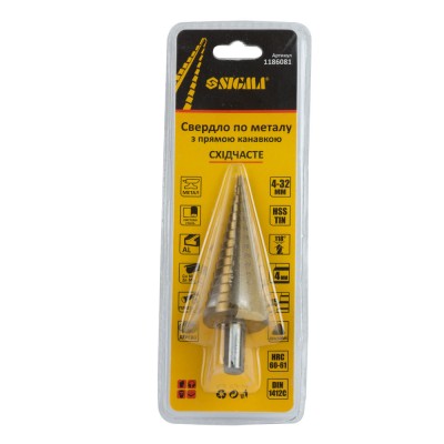 Сверло по металлу ступенчатое HSS-TIN титановое с прямой канавкой Ø4-32мм, шаг 2мм блистер SIGMA 1186081