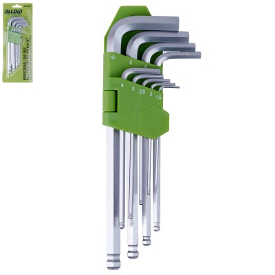 Набір шестигранних ключів з кулею, вигнутих подовжених. 9 предм. 1,5-10 мм Alloid НШ-Ш0918