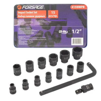 Набор головок ударных 15 предметов1/2" (6-гр.) (10,12-19,21,22,24,27,30,32мм) Forsage F-4159MPB