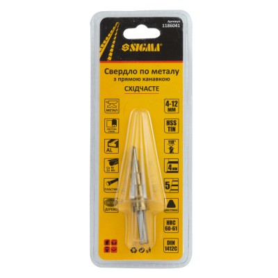 Сверло по металлу ступенчатое HSS-TIN титановое с прямой канавкой Ø4-12мм, шаг 2мм (блистер) SIGMA 1186041