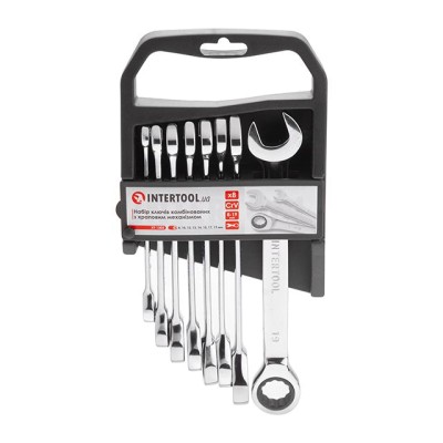 Набор ключей комбинированных с храповым механизмом 8ед., 8-19мм (8-10-12-13-14-15-17-19) Cr-V; PROF DIN3113 Intertool XT-1303