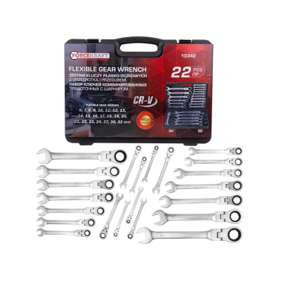 Набор комбинированных ключей с трещоткой и шарниром 22 пр. в кейсе (6-32 мм) FORCEKRAFT FK-10342