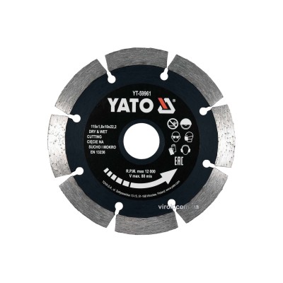 Диск отрезной алмазный по камню и бетону для мокрой и сухой резки YATO 115 x 1.8 x 10 x 22.2 мм YT-59961