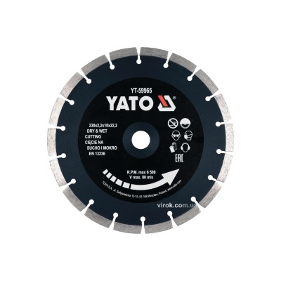 Диск отрезной алмазный по камню и бетону для мокрой и сухой резки YATO 230 x 2.2 x 10 x 22.2 мм YT-59965