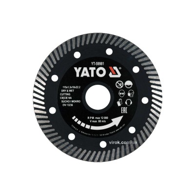Диск отрезной алмазный по керамограниту и керамике для мокрой и сухой резки "TURBO" YATO 115 x 1.3 x 10 x 22.2 мм YT-59981