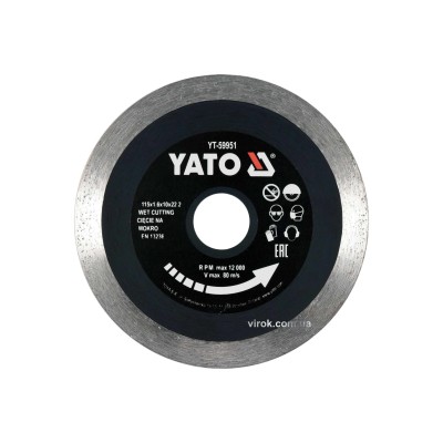 Диск отрезной алмазный по керамограниту, стеклу, керамике для мокрой резки YATO 115 х 1.6 х 10 х 22.2 мм YT-59951
