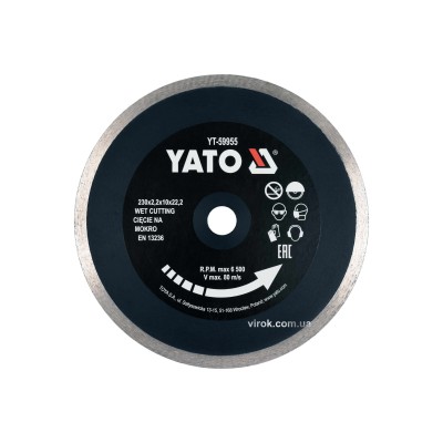 Диск отрезной алмазный по керамограниту, стеклу, керамике для мокрой резки YATO 230 х 2.2 х 10 х 22.2 мм YT-59955