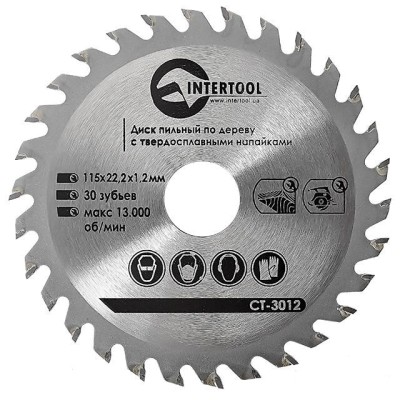 Диск пильний по дереву з твердосплавними напайками 115*22.2*1.4мм, 30 зубів Intertool CT-3012