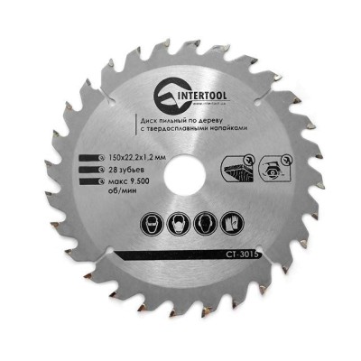 Диск пильний по дереву з твердосплавними напайками 150*22.2*1.2мм, 28 зубів Intertool CT-3015