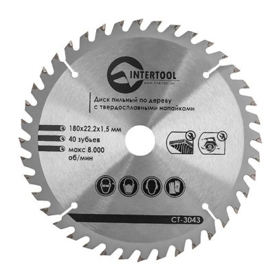 Диск пиляльний по дереву з твердосплавними напайками 180*22.2*1.5мм, 40 зубів Intertool CT-3043