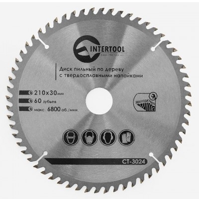 Диск пиляльний по дереву з твердосплавними напайками 210*30*1.5мм, 60 зубів Intertool CT-3024