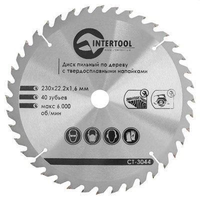 Диск пильний по дереву з твердосплавними напайками 230*22.2*1.6мм, 40 зубів Intertool CT-3044