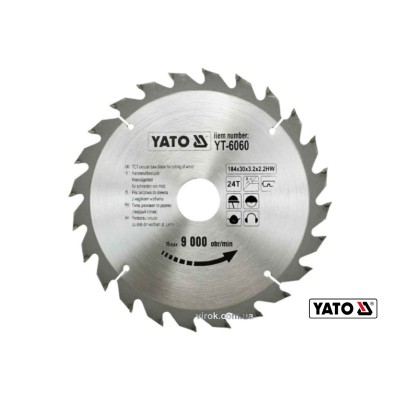 Диск пильный по дереву YATO 184 х 30 х 3.2 х 2.2 мм 24 зубца R.P.M до 9000 1/мин YT-6060
