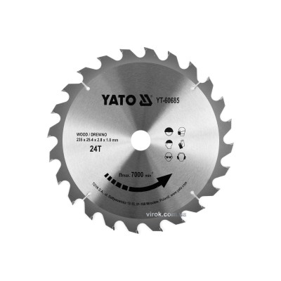 Диск пильный по дереву YATO 235 x 25.4 x 2.8 x 1.8 мм 24 зубца R.P.M до 7000 1/мин YT-60685