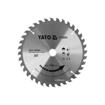 Диск пильный по дереву YATO 235 x 25.4 x 2.8 x 1.8 мм 36 зубцов R.P.M до 7000 1/мин YT-60686