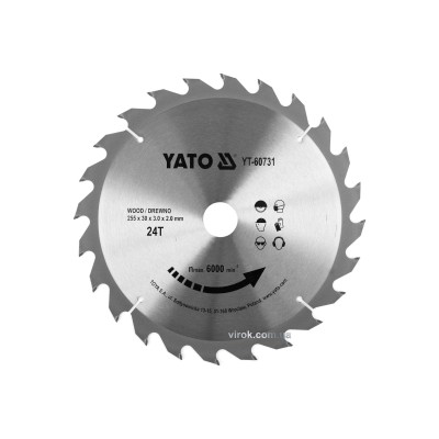 Диск пильный по дереву YATO 255 x 30 x 3 x 2 мм 24 зубца R.P.M до 6000 1/мин YT-60731