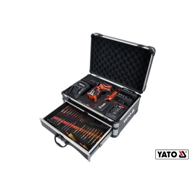 Дрель-шуруповерт ударный аккумуляторный YATO 2 x Li-Ion 18 В + сверла + фрезы + отверточные насадки + кейс YT-44250