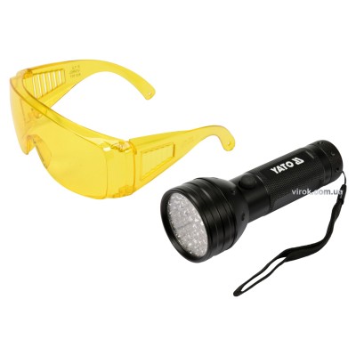 Фонарь ультрафиолетовый с очками для определения протекания жидкостей и проверки подлинности банкнот YATO 51 LED 3 x AA YT-08581