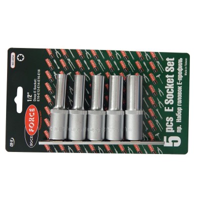 Головки глубокие Е-профиль, набор 5 предметов, 1/2" (Е10,E12,E14,E16,E18) на планке ROCKFORCE RF-4054
