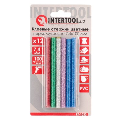 Комплект клейових стрижнів кольорових перламутрових 7.4мм*100мм, 12шт Intertool RT-1033