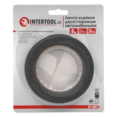 Стрічка клейка двостороння Автомобільна 12мм*5м*1мм, чорна, спінений поліетилен Intertool KT-0811