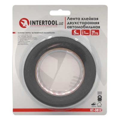 Стрічка клейка двостороння Автомобільна 19мм*5м*1мм, чорна, спінений поліетилен Intertool KT-0812