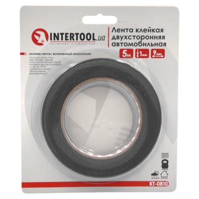 Стрічка клейка двостороння Автомобільна 9мм*5м*1мм, чорна, спінений поліетилен Intertool KT-0810
