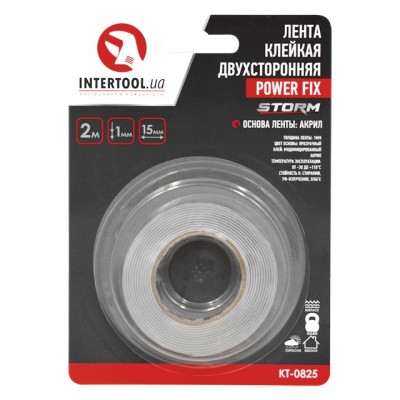 Стрічка клейка двостороння POWER FIX 15мм*2м*1мм, прозора, акрил, Storm Intertool KT-0825
