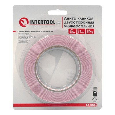 Стрічка клейка двостороння Універсальна 12мм*5м*1мм, біла, спінений поліетилен Intertool KT-0813