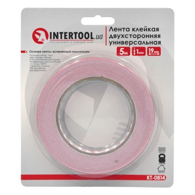 Стрічка клейка двостороння Універсальна 19мм*5м*1мм, біла, спінений поліетилен Intertool KT-0814