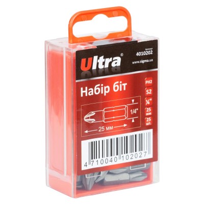 Набір біт PН2×25мм 1/4" 25шт S2 пласт кейс ULTRA 4010202 Набір біт PН2×25мм 1/4" 25шт S2 пласт кейс ULTRA 4010202