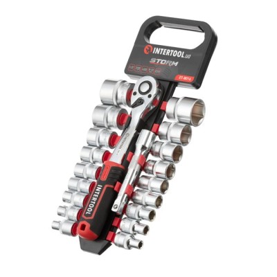 Набір головок 1/2" 8-32 мм., подовжувач, рукоятка з храповим механізмом 72 зуби, 20од., Cr-V STORM Intertool ET-8016