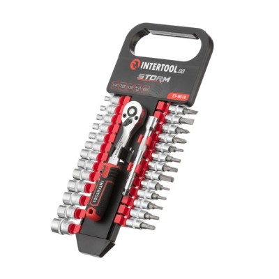 Набір головок 1/4" 4-14 мм., TORX, PH, HEX, FD, подовжувач, рукоятка з храповим механізмом 72 зуби, 28од., Cr-V STORM Intertool ET-8018