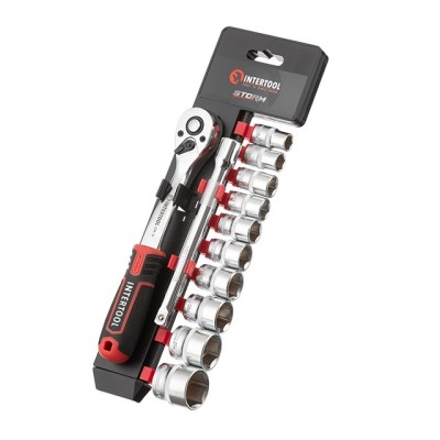 Набір головок 3/8" 10-24 мм., подовжувач, рукоятка з храповим механізмом 72 зуби, 12од., Cr-V STORM Intertool ET-8013