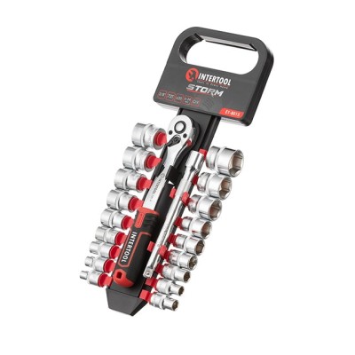 Набір головок 3/8" 6-24 мм., подовжувач, рукоятка з храповим механізмом 72 зуби, 20од., Cr-V STORM Intertool ET-8015