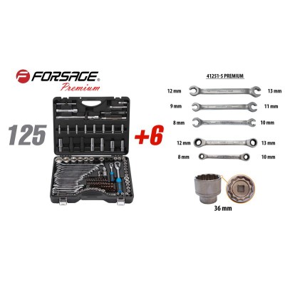 Набор инструментов 125+6 предметов 1/4" 1/2"(6-гран.)(4-36мм,36-12гр.)+(ключи трещоточные:8х10,12х13мм; ключи резрезные:8х10,9х11,12х13мм) Forsage F-41251-5 PREMIUM Набор инструментов 125+6 предметов 1/4" 1/2"(6-гран.)(4-36мм,36-12гр.)+(ключи трещоточные:8х10,12х13мм; ключи резрезные:8х10,9х11,12х13мм) Forsage F-41251-5 PREMIUM
