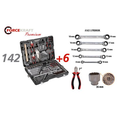 Набор инструментов 142+6 предметов 1/4''3/8''1/2''(6-гран.)(4-36мм, 27,30,32,36-12гр.)+(ключи трещоточные:8х10,12х13,14х15,16х17,18х19мм, бокорезы-7'') FORCEKRAFT FK-41421-5 Premium Набор инструментов 142+6 предметов 1/4''3/8''1/2''(6-гран.)(4-36мм, 27,30,32,36-12гр.)+(ключи трещоточные:8х10,12х13,14х15,16х17,18х19мм, бокорезы-7'') FORCEKRAFT FK-41421-5 Premium
