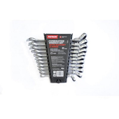 Набор ключей комбинированных трещоточных с шарниром 11 предметов (8,10,11,12,13,14,15,16,17,18,19 мм), в пластиковом держателе PATRON P-51112F