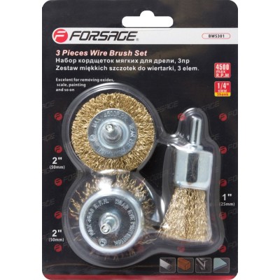 Набір кордщеток латунних комбінований для дриля, 3 предмети (2штх50мм, 25мм), в блістері Forsage F-BWS301