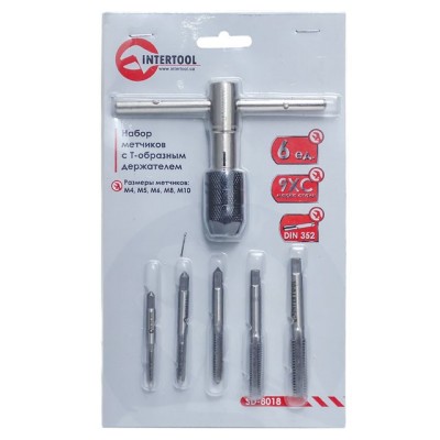 Набір мітчиків з Т-подібним тримачем 6 од. (M4, M5, M6, M8, M10) Intertool SD-8018