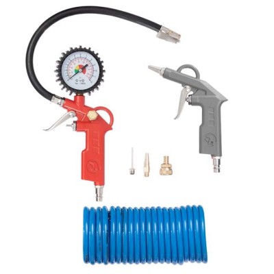 Набор пневмоинструментов 6 единиц, пистолет для накачки шин, продувочный пистолет, шланг полиуретановый 5м., три наконечника Intertool PT-1500