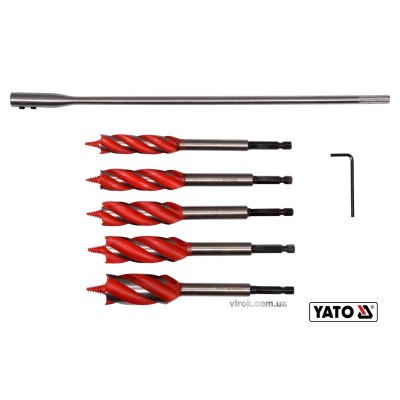 Набір свердел по дереву YATO 16-25 мм 165 мм HEX-1/4" з 4 ріжучими кромками + подовжувач + ключ 7 шт YT-44693