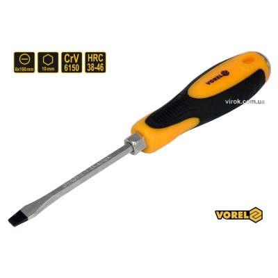 Викрутка плоска ударна з шестигранним стрижнем VOREL SL6 х 100 мм HRC 38-46 Cr-V 62162 Викрутка плоска ударна з шестигранним стрижнем VOREL SL6 х 100 мм HRC 38-46 Cr-V 62162