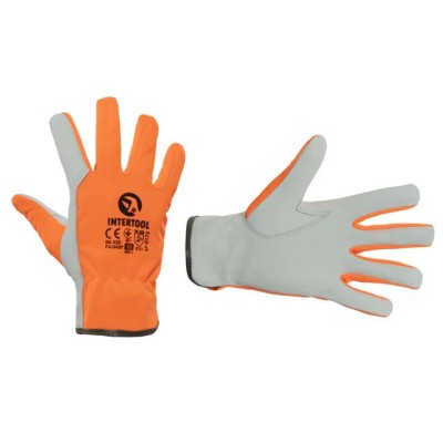 Рукавичка шкіряна комбінована з високоякісної козячої шкіри та флуоресцентної помаранчевої тканини 10" Intertool SP-0173