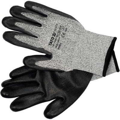 Рукавиці робочі поліетиленові (HPPE) YATO покриті чорним поліуретаном, розмір 10 YT-74772