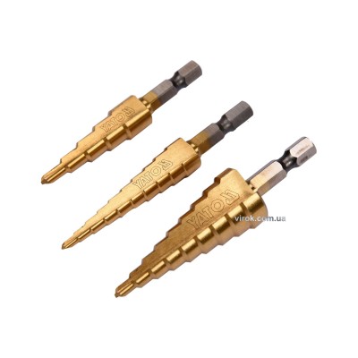 Свердла по металу конусні титанові YATO HEX-1/4" HSS 4241 3-12 мм, 4-12 мм, 4-20 мм 3 шт YT-44731