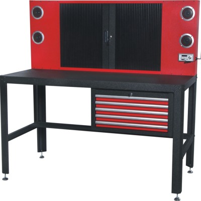 Верстак металевий з префорацією та підвісним ящиком Profi: 760х1560х1570мм.Префорація з ролетом, вбудованими 4-ма динаміками та радіо: 140х1560х640мм; ROCKFORCE RF-01Y0283