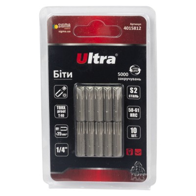 Біти TORX-proof 40×25мм ¼" 10шт S2 блістер ULTRA 4015812 Біти TORX-proof 40×25мм ¼" 10шт S2 блістер ULTRA 4015812